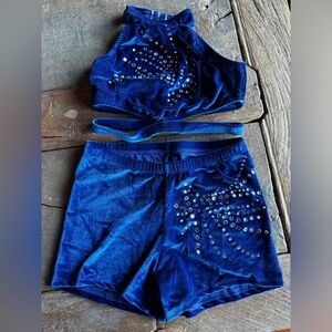 Blue Velvet Two-Piece Dance Set with Rhinestones